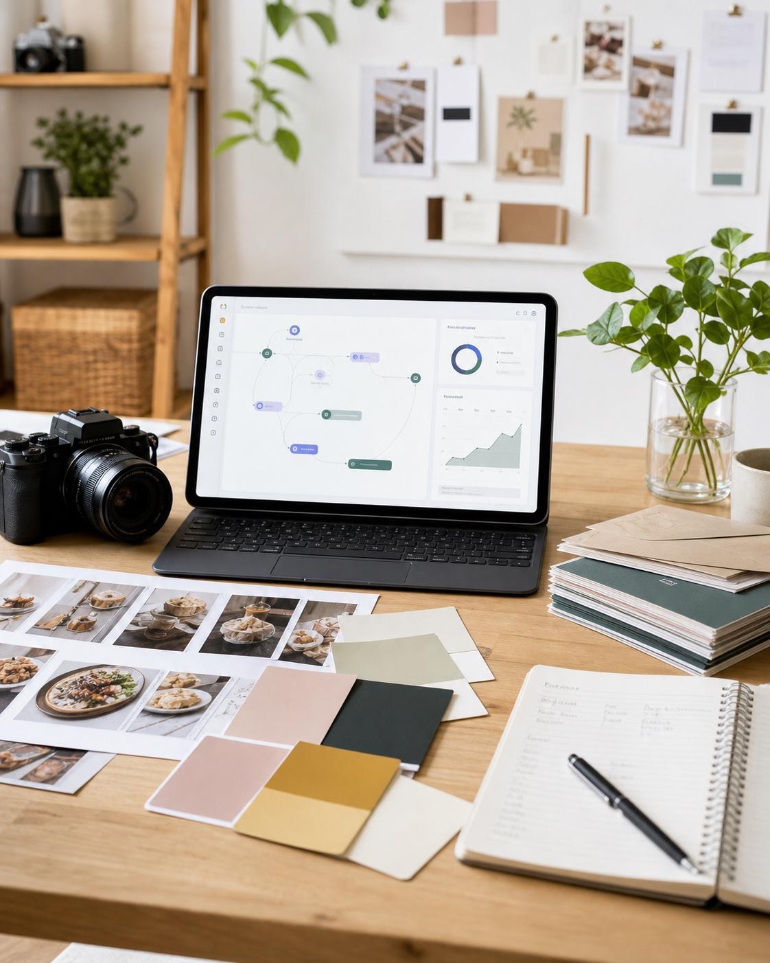 A split studio work surface showing software workflow screens beside camera and brand materials.