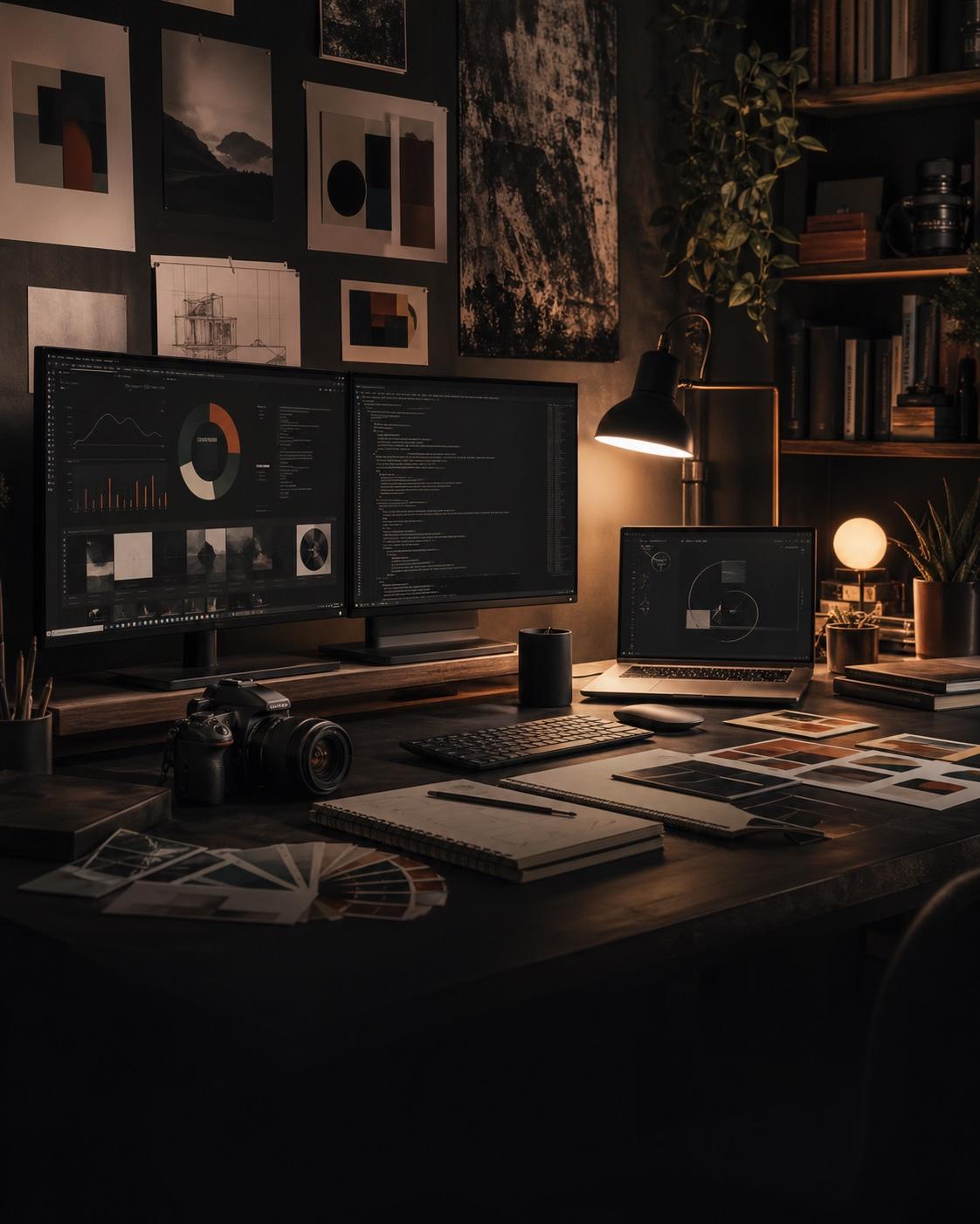 A warm dark studio desk with monitors, design prints, camera gear, and brand materials.