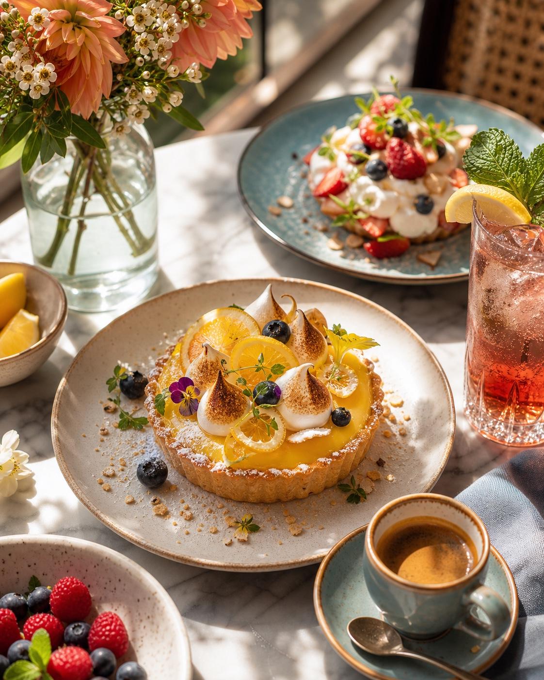 A sunlit dessert and drink service with citrus tart, berries, espresso, and flowers.