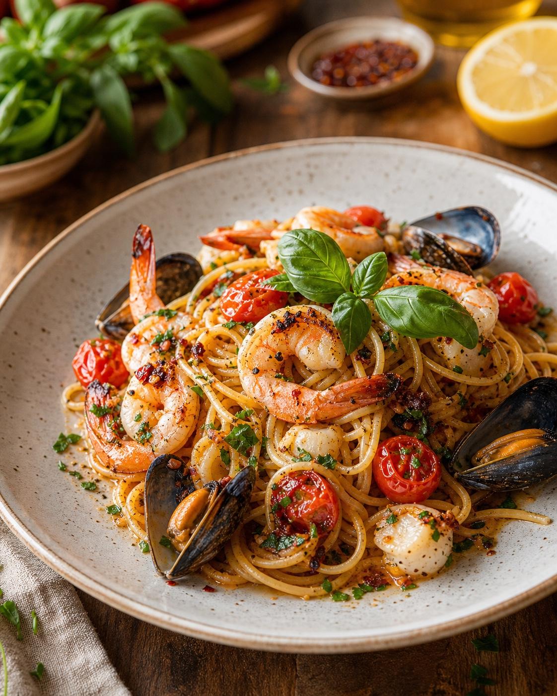 A vibrant seafood pasta dish with shrimp, mussels, tomatoes, basil, and lemon.